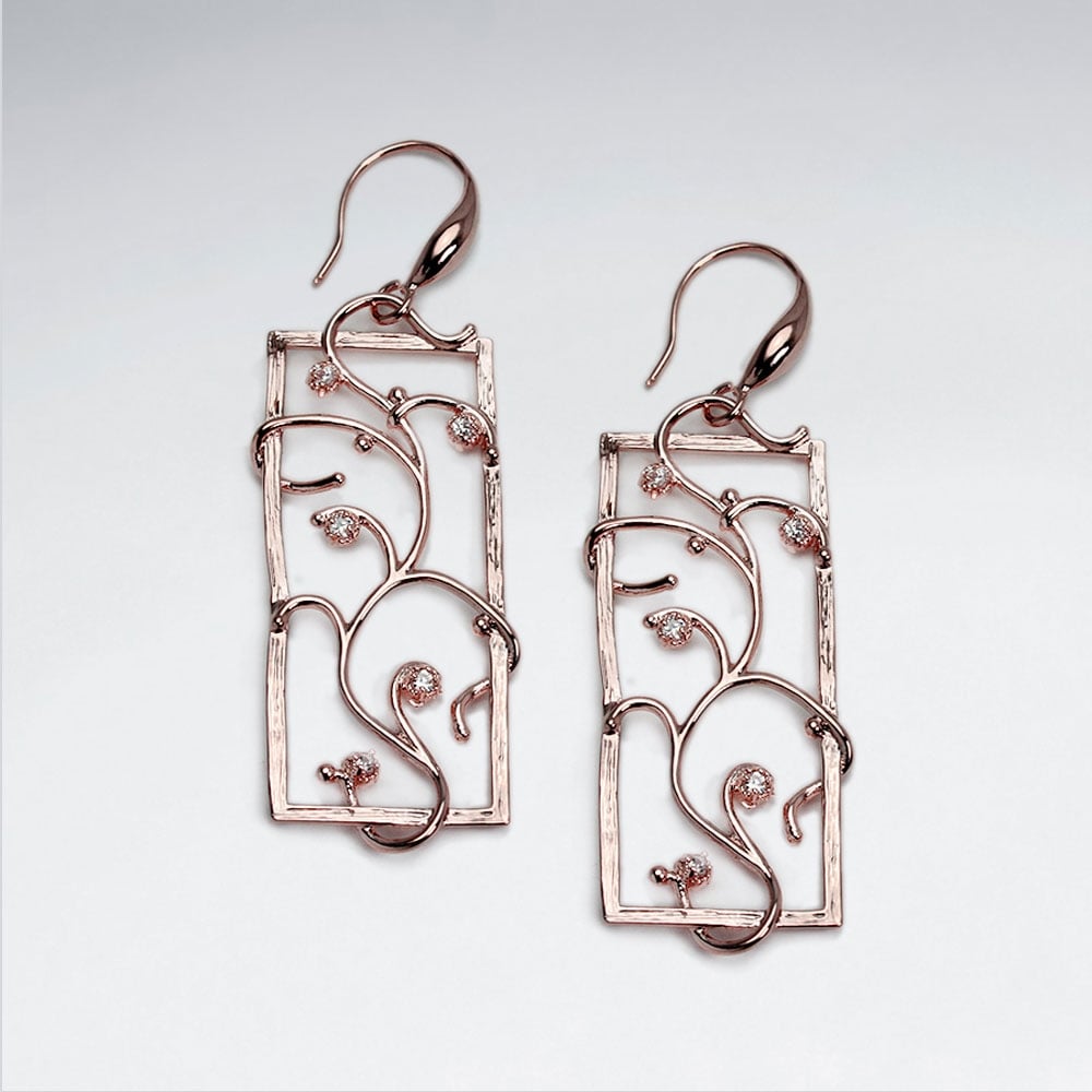 Brass & Crystal Rectangle Openwork Vine Hook Earrings
