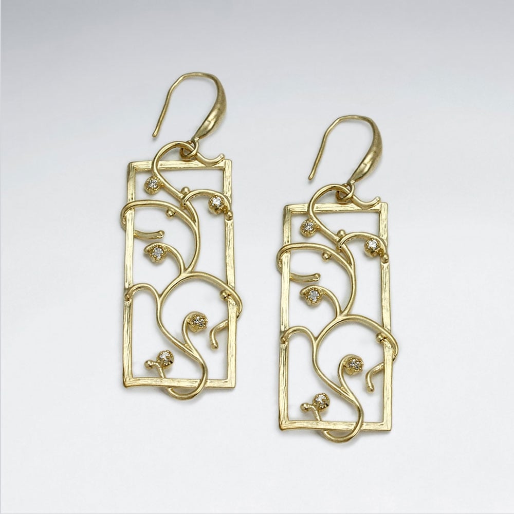 Brass & Crystal Rectangle Openwork Vine Hook Earrings