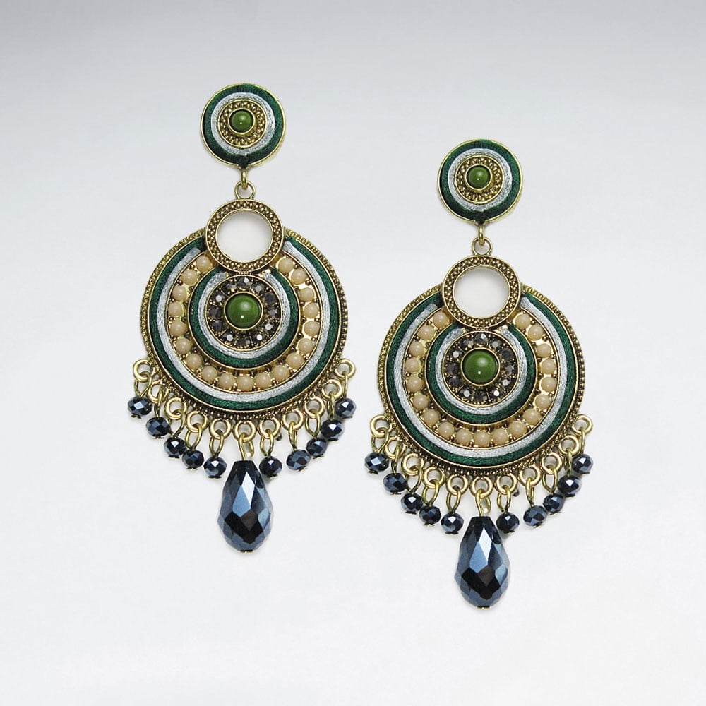 Brass Crystal Mixed Stone Green Aztec Inspired Fringed Earring