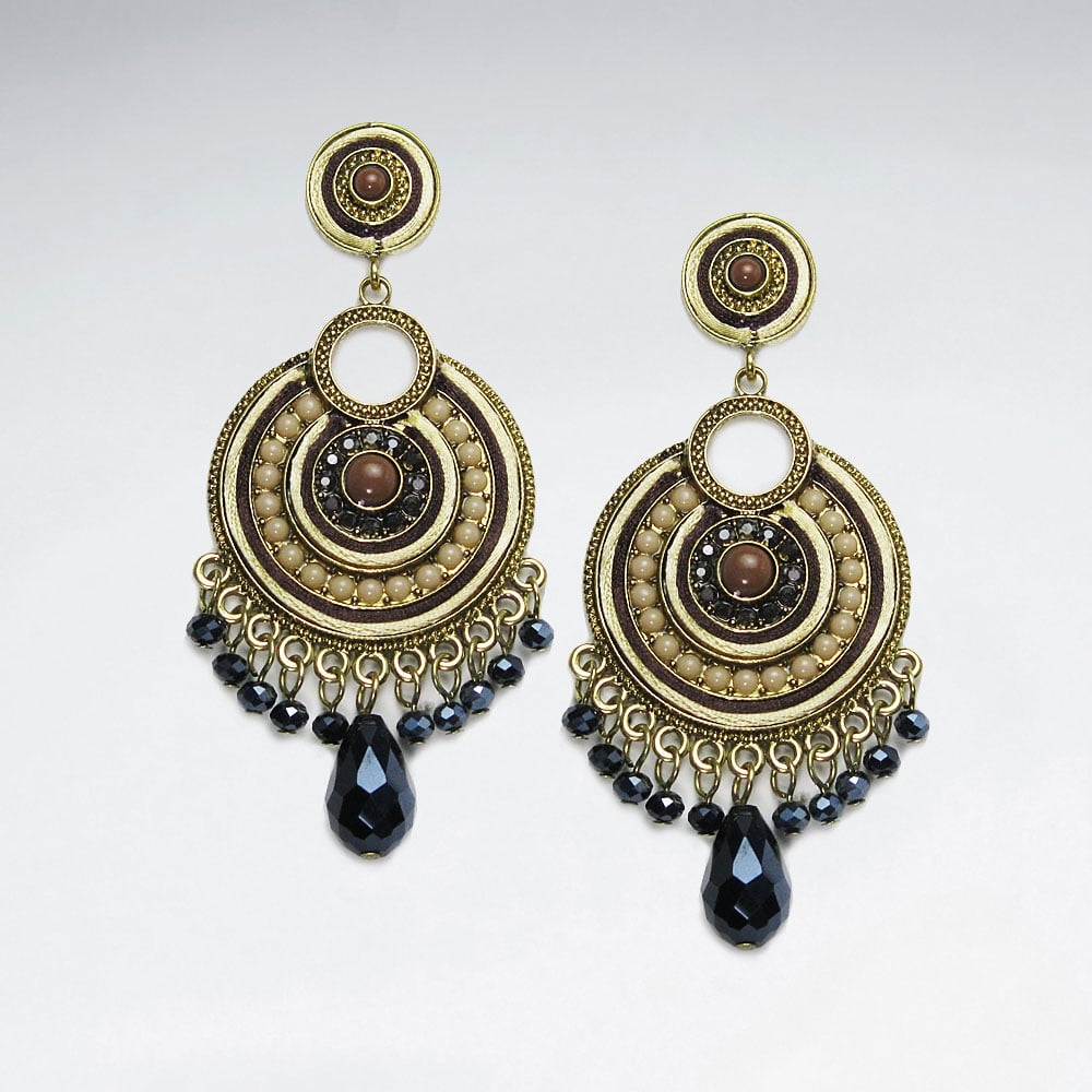 Brass Crystal Mixed Stone Green Aztec Inspired Fringed Earring