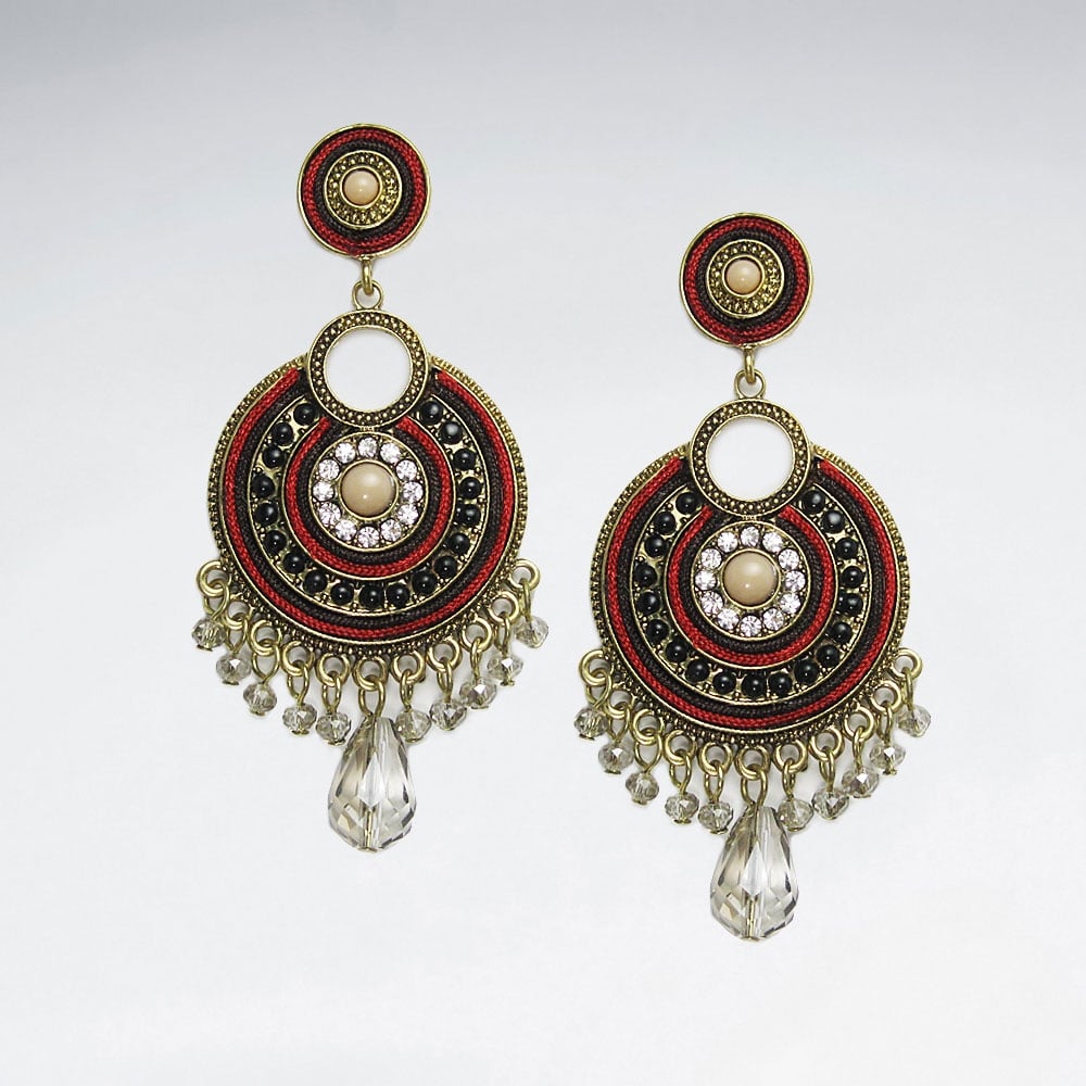 Brass Crystal Mixed Stone Green Aztec Inspired Fringed Earring