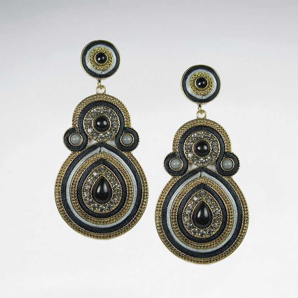 Aztec Brass Crystal Mixed Stone Glass Bead Gradual Circle Drop Earrings