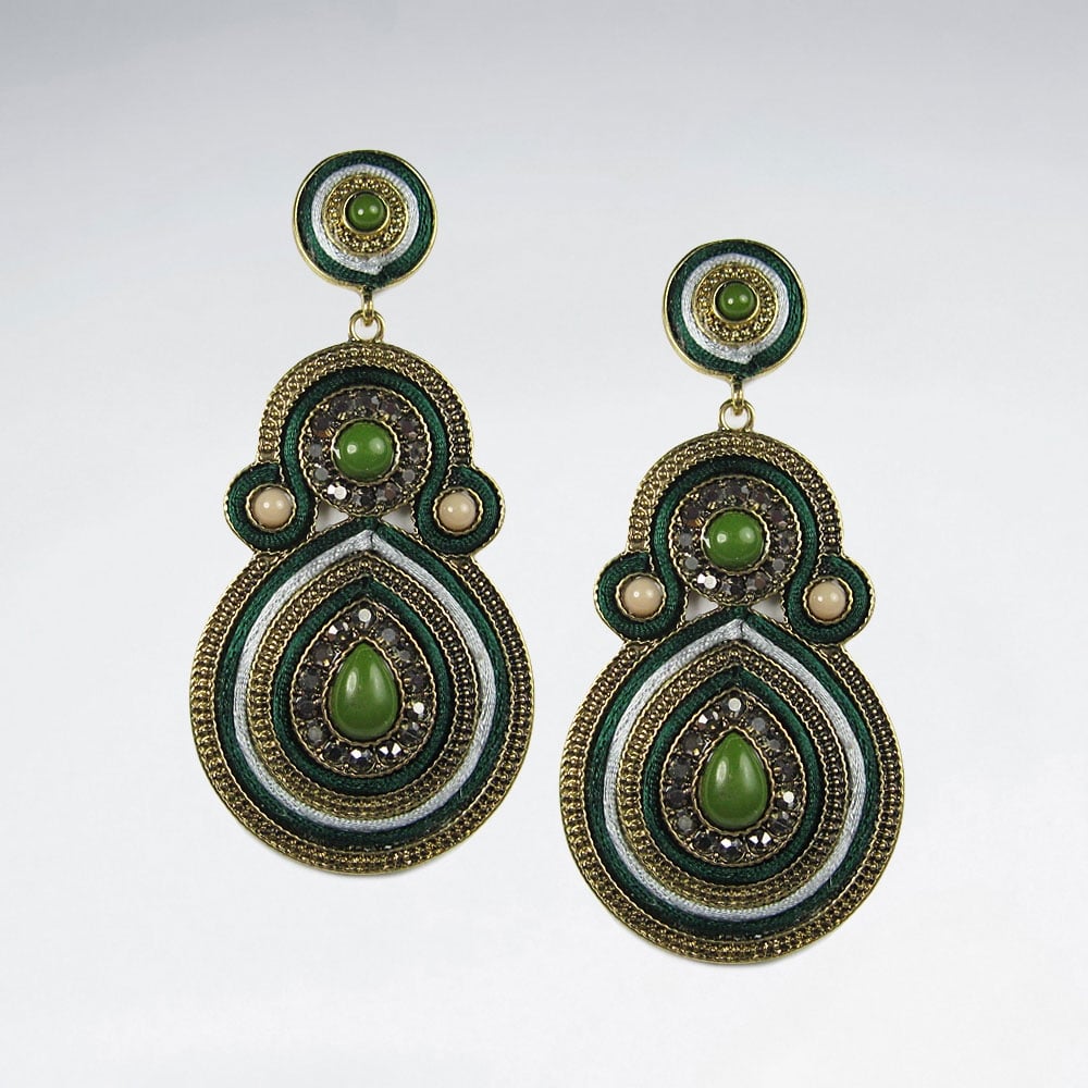 Aztec Brass Crystal Mixed Stone Glass Bead Gradual Circle Drop Earrings