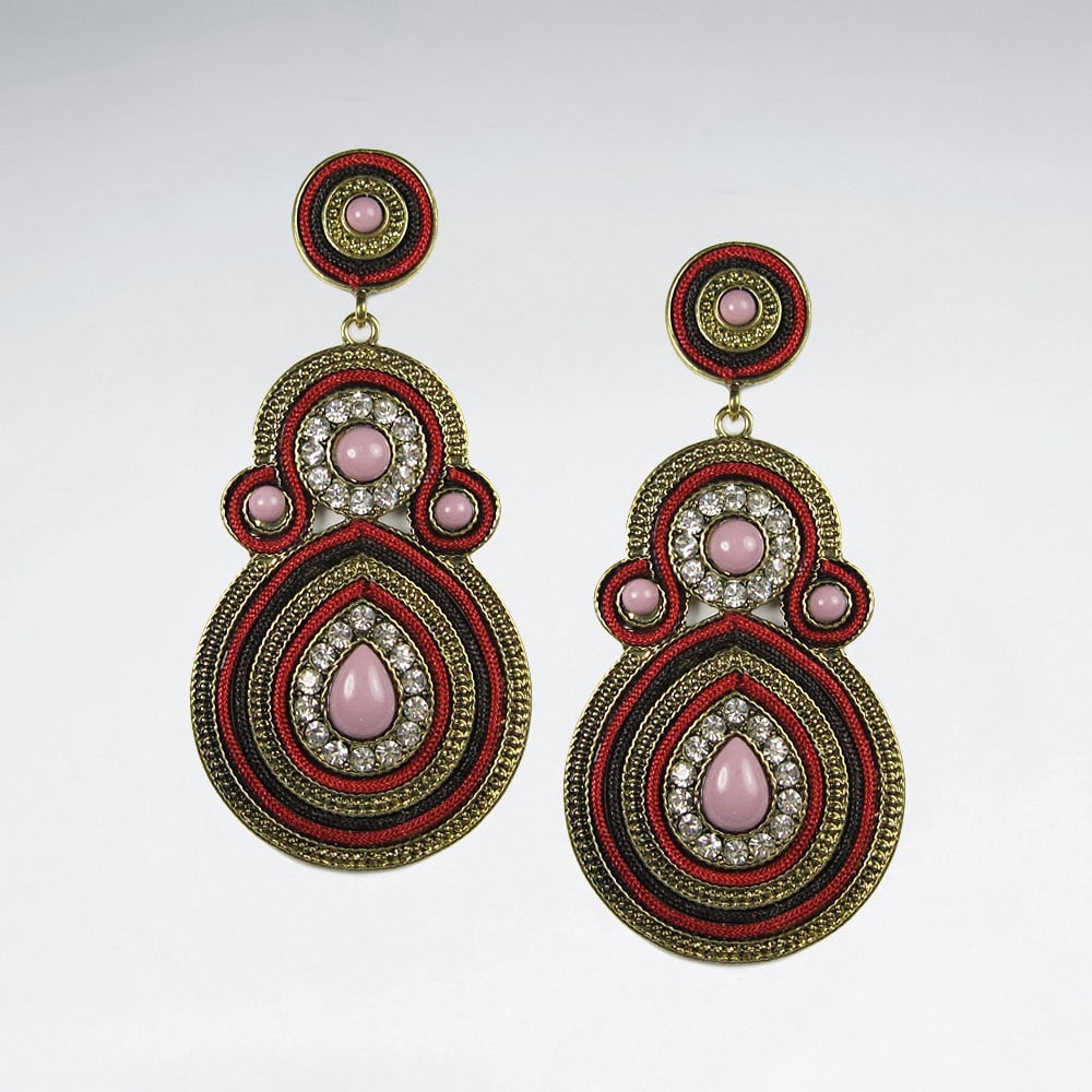 Aztec Brass Crystal Mixed Stone Glass Bead Gradual Circle Drop Earrings
