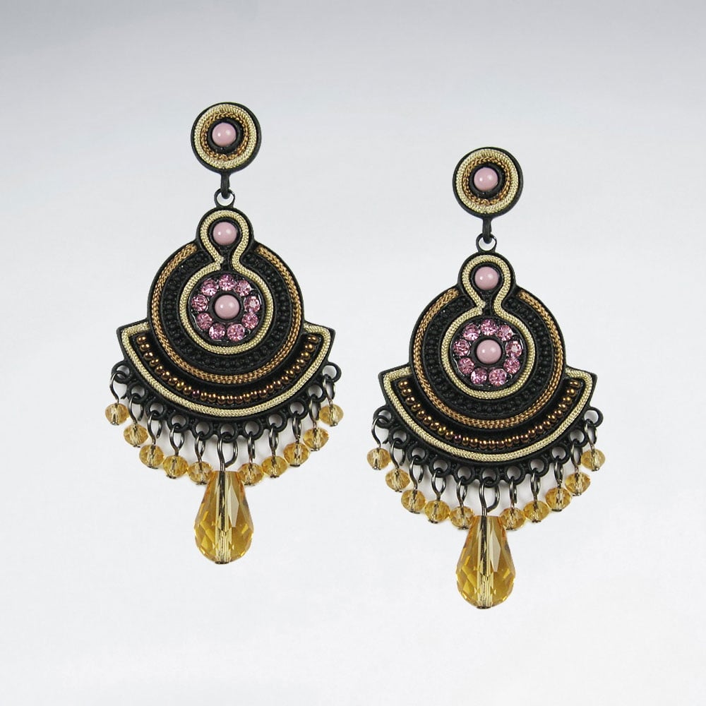 Brass Crystal Fringed Gypsy Dangle Earrings