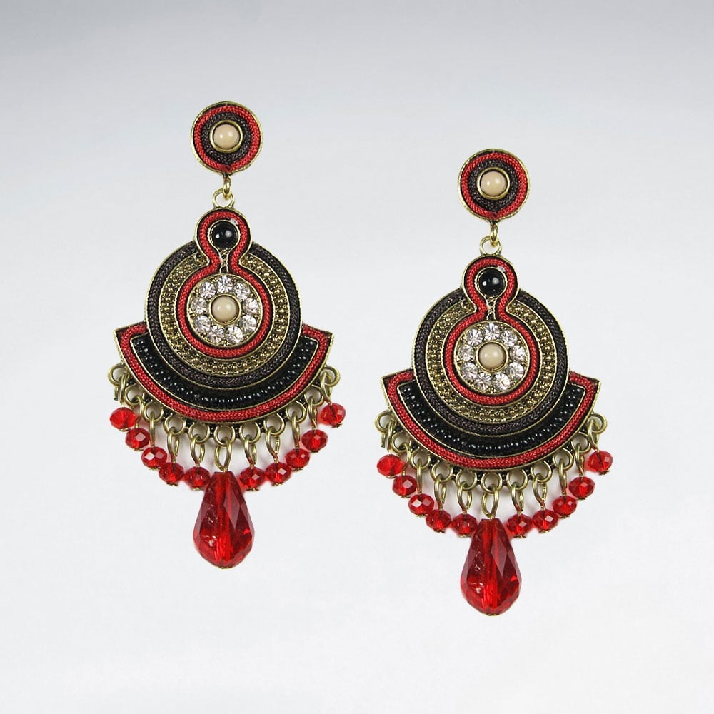 Brass Crystal Fringed Gypsy Dangle Earrings