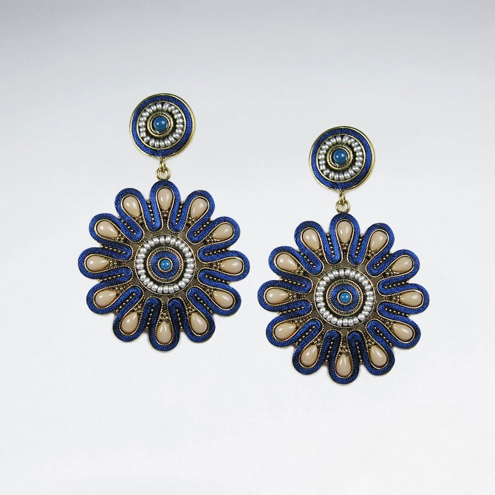 Brass  Stone Sunburst Antique Style Drop Earrings