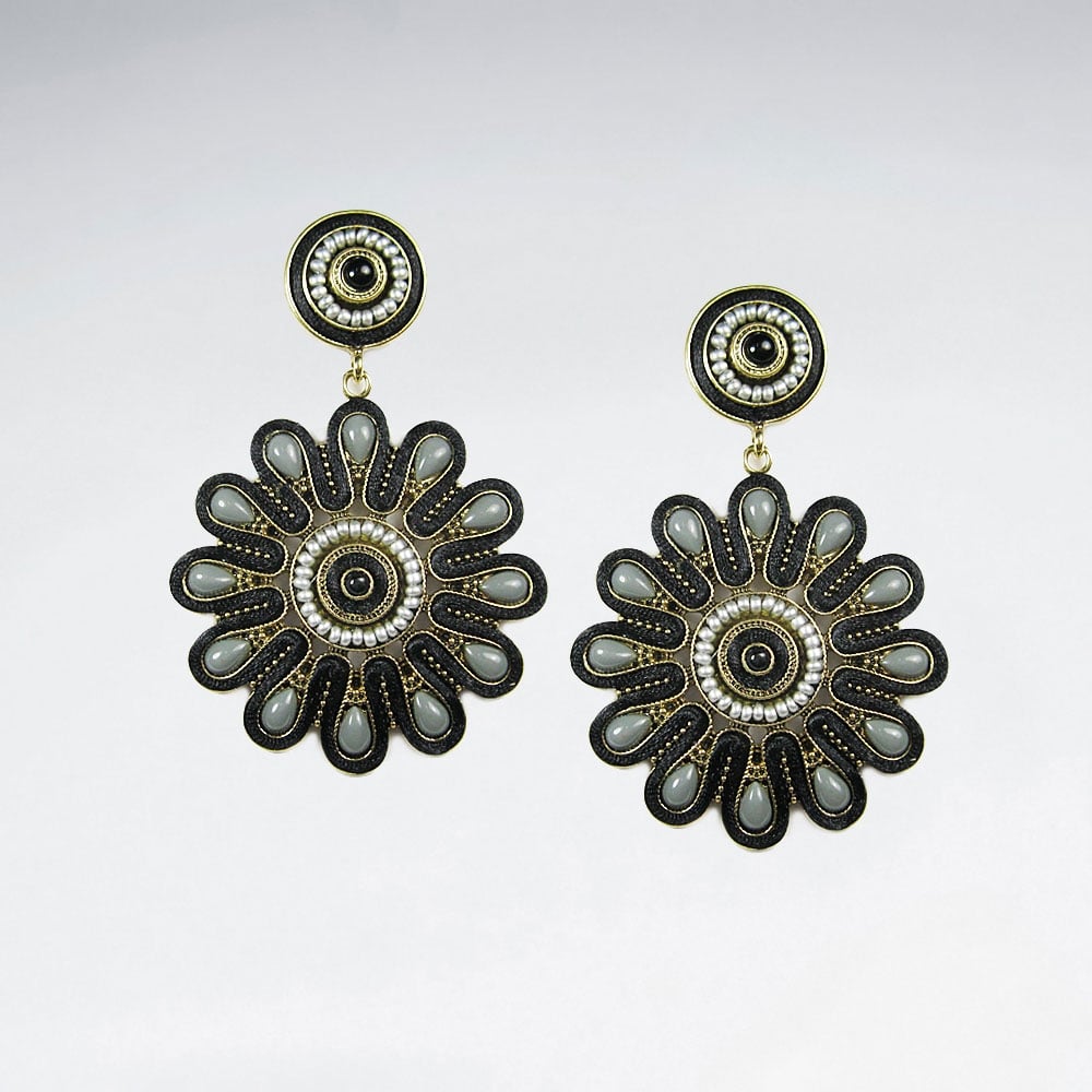 Brass  Stone Sunburst Antique Style Drop Earrings