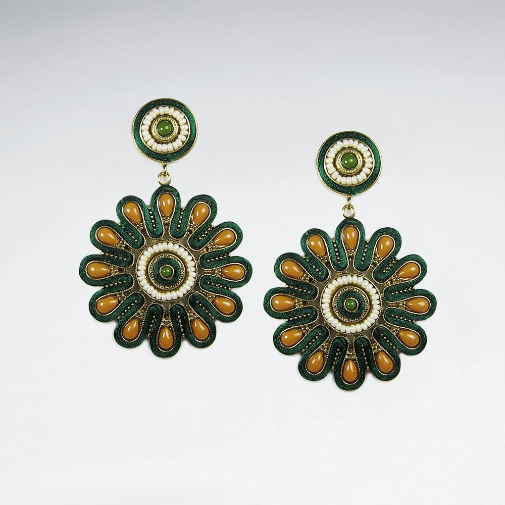 Brass  Stone Sunburst Antique Style Drop Earrings