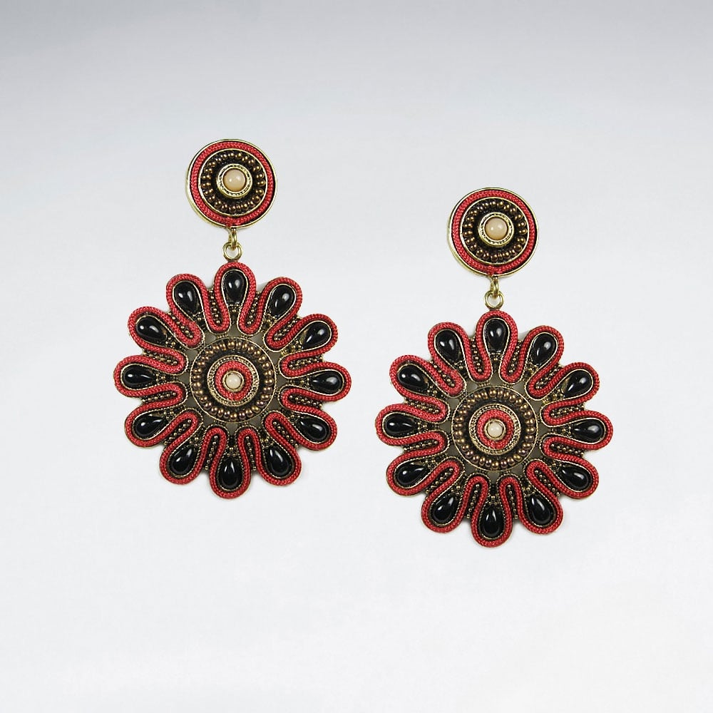 Brass  Stone Sunburst Antique Style Drop Earrings