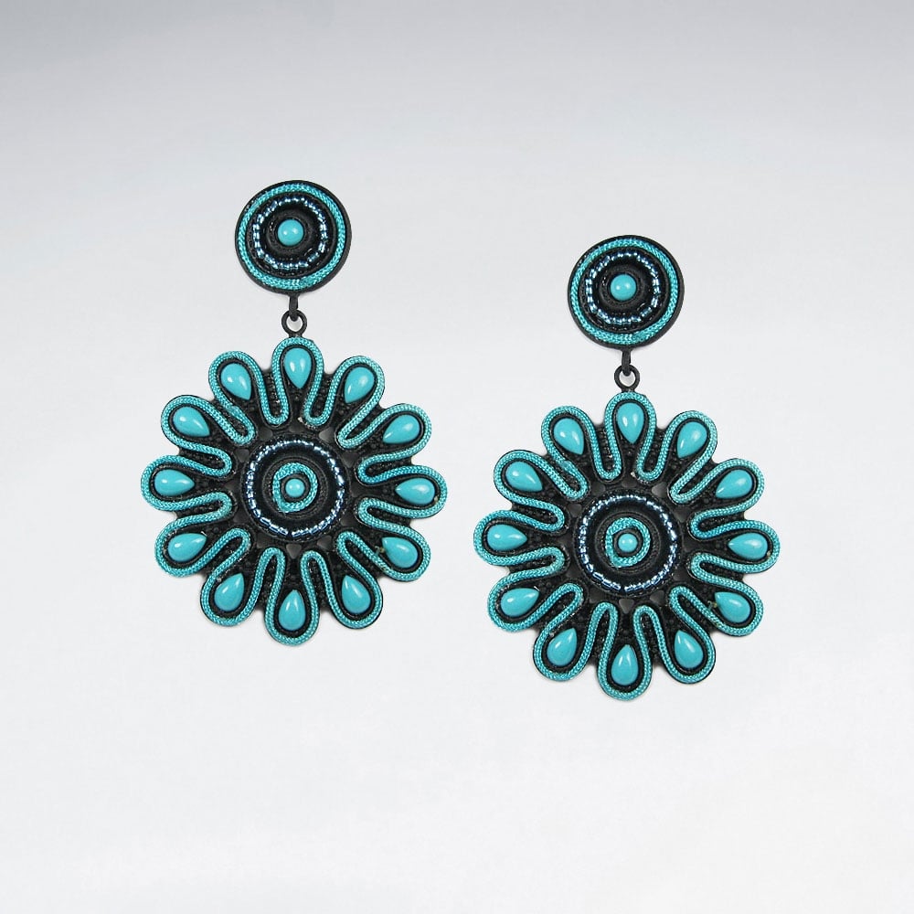 Brass  Stone Sunburst Antique Style Drop Earrings