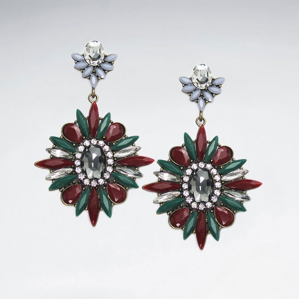 Vintage Style Brass Crystal Mixed Stone Earrings