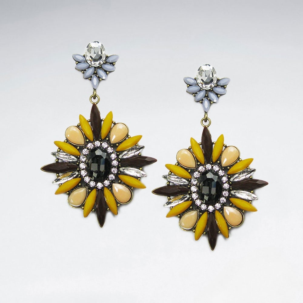Vintage Style Brass Crystal Mixed Stone Earrings