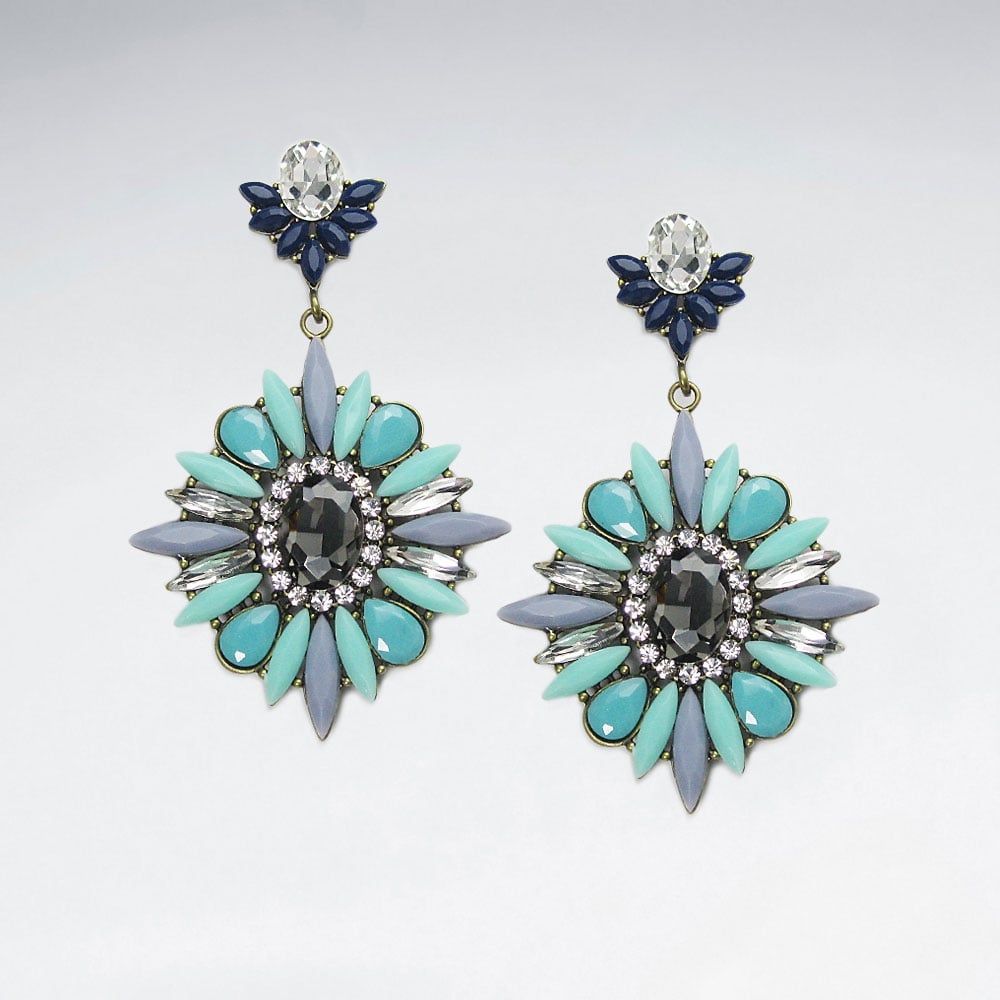 Vintage Style Brass Crystal Mixed Stone Earrings