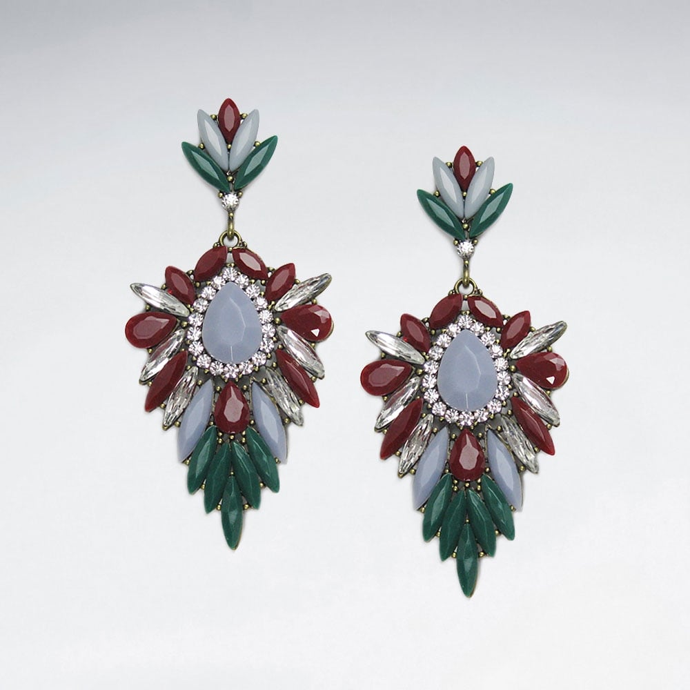 Vintage Style Brass Crystal Mixed Stone Earrings
