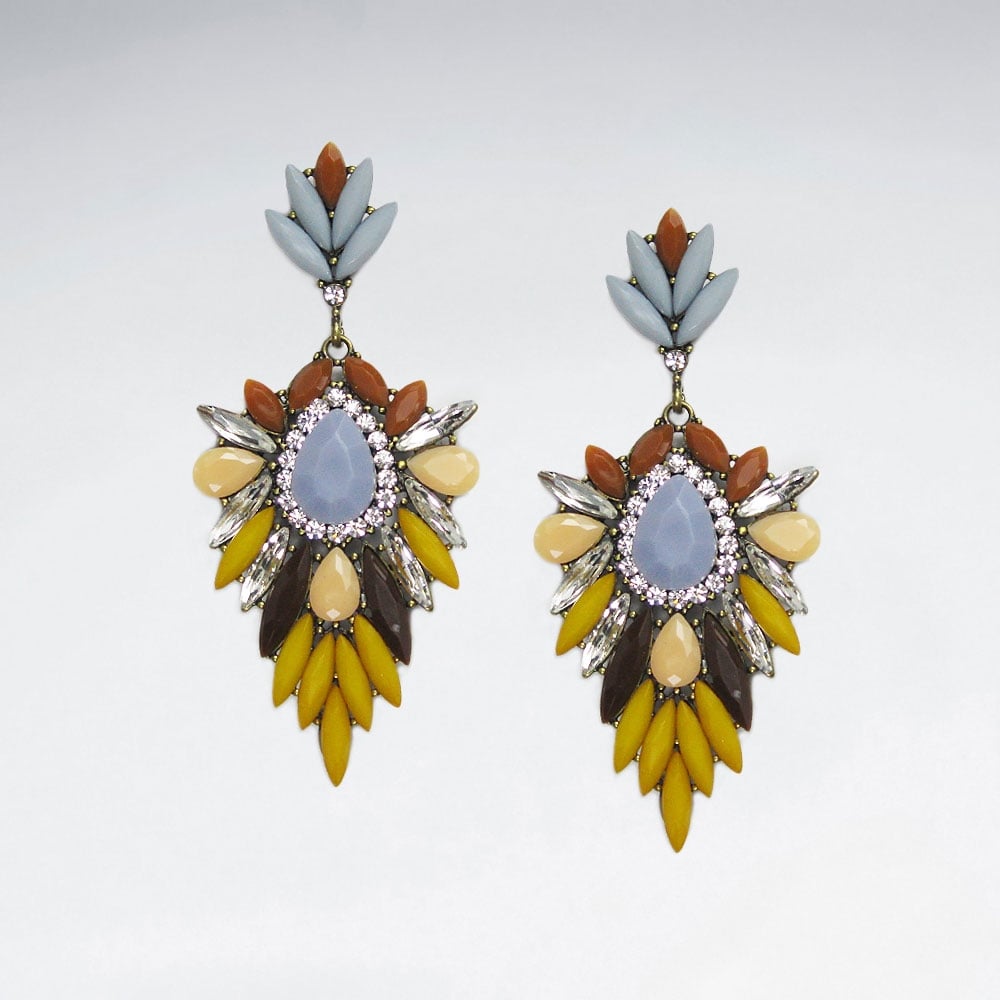 Vintage Style Brass Crystal Mixed Stone Earrings