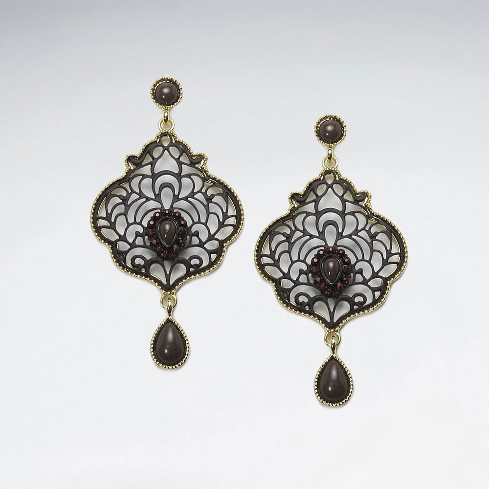 Antique Brass Crystal Stone Openwork Filigree Earrings