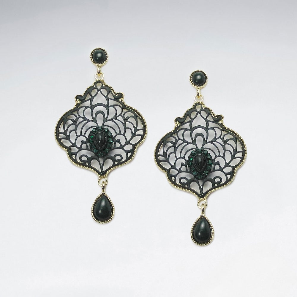 Antique Brass Crystal Stone Openwork Filigree Earrings