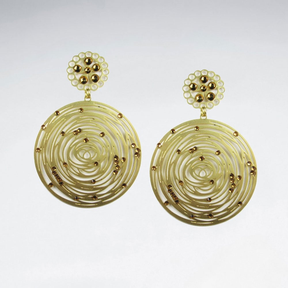 Brass Crystal Stone Abstract Spiral Disc Dangle Earrings