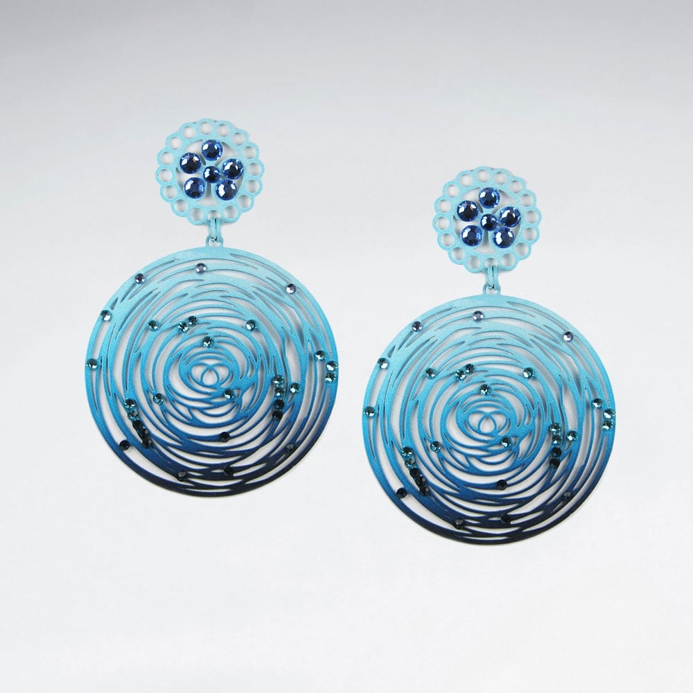 Brass Crystal Stone Abstract Spiral Disc Dangle Earrings