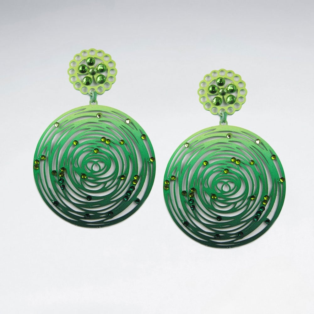 Brass Crystal Stone Abstract Spiral Disc Dangle Earrings