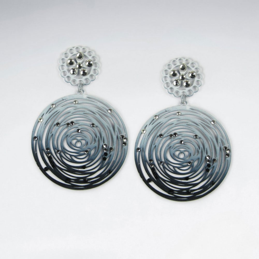 Brass Crystal Stone Abstract Spiral Disc Dangle Earrings
