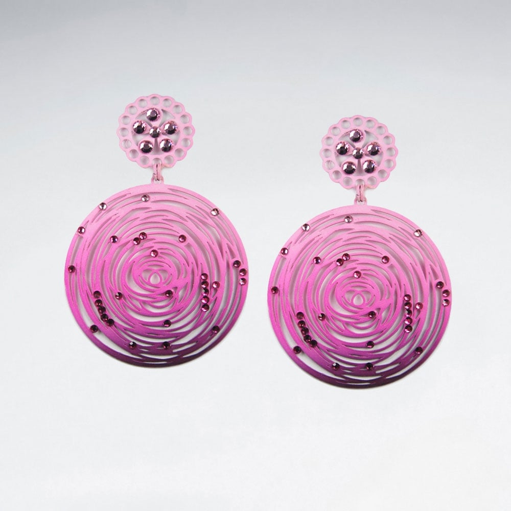 Brass Crystal Stone Abstract Spiral Disc Dangle Earrings