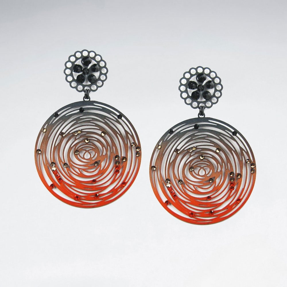 Brass Crystal Stone Abstract Spiral Disc Dangle Earrings