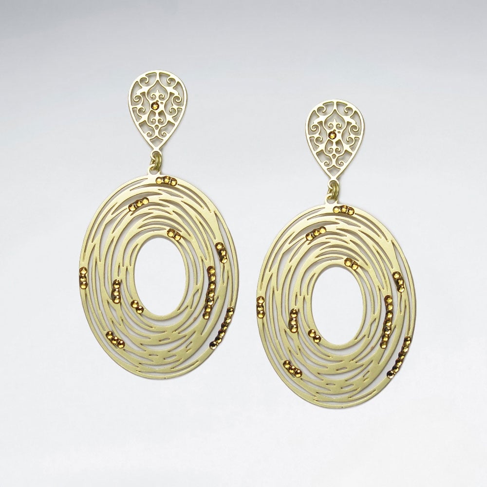 Brass Crystal Stone Abstract Spiral Oval Openwork Dangle Earrings