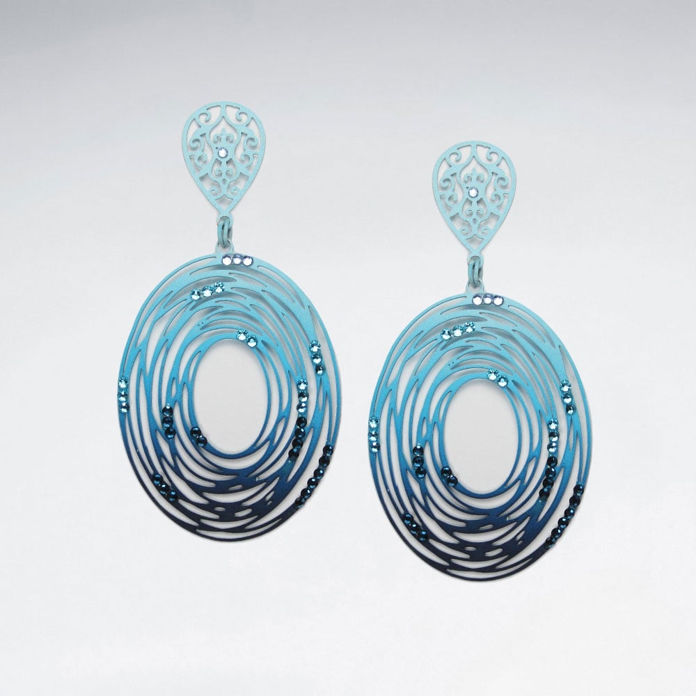 Brass Crystal Stone Abstract Spiral Oval Openwork Dangle Earrings