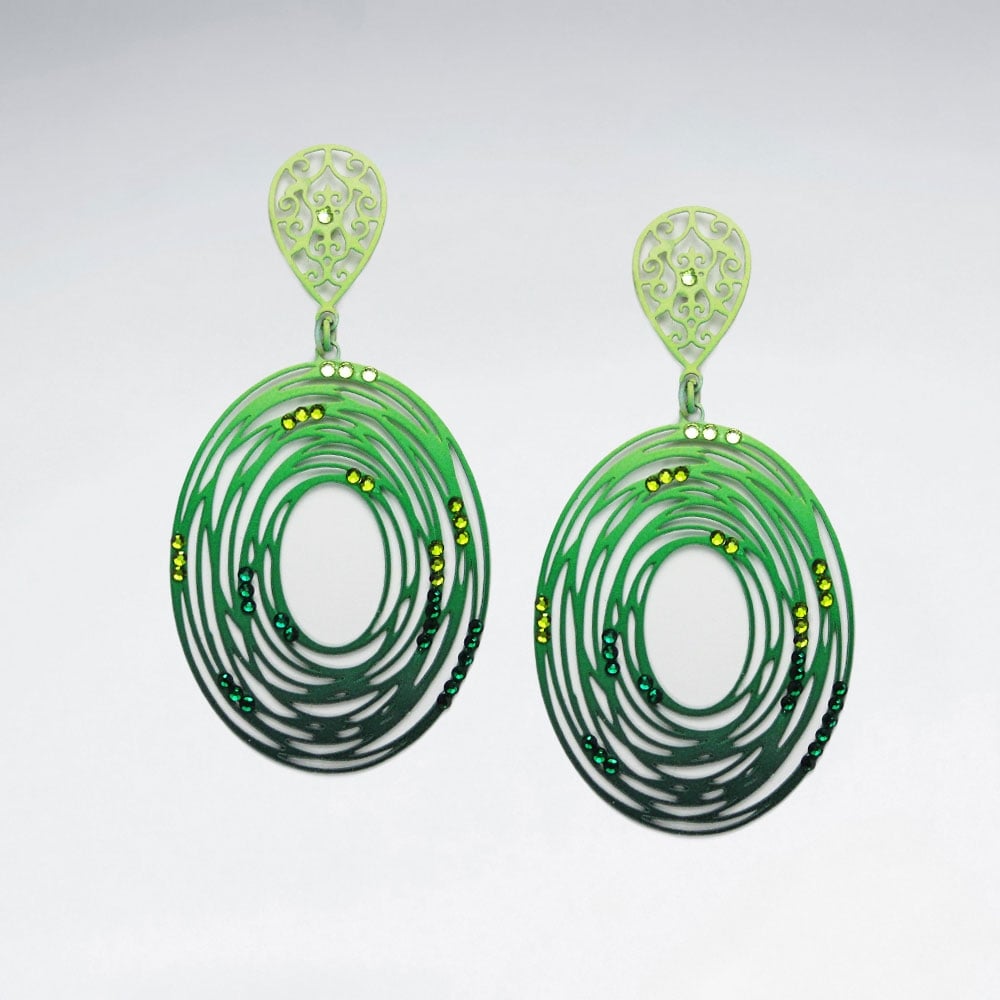 Brass Crystal Stone Abstract Spiral Oval Openwork Dangle Earrings