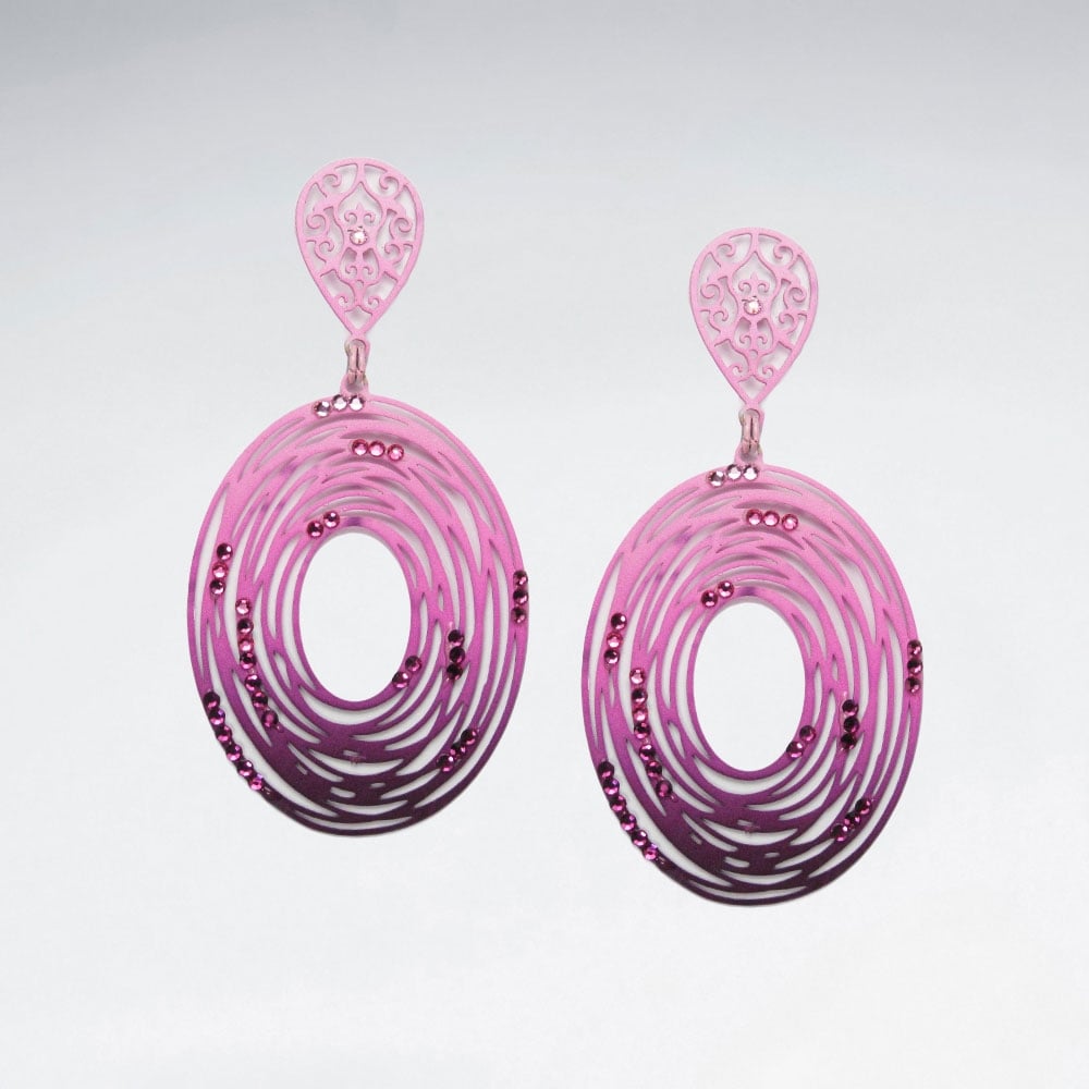 Brass Crystal Stone Abstract Spiral Oval Openwork Dangle Earrings