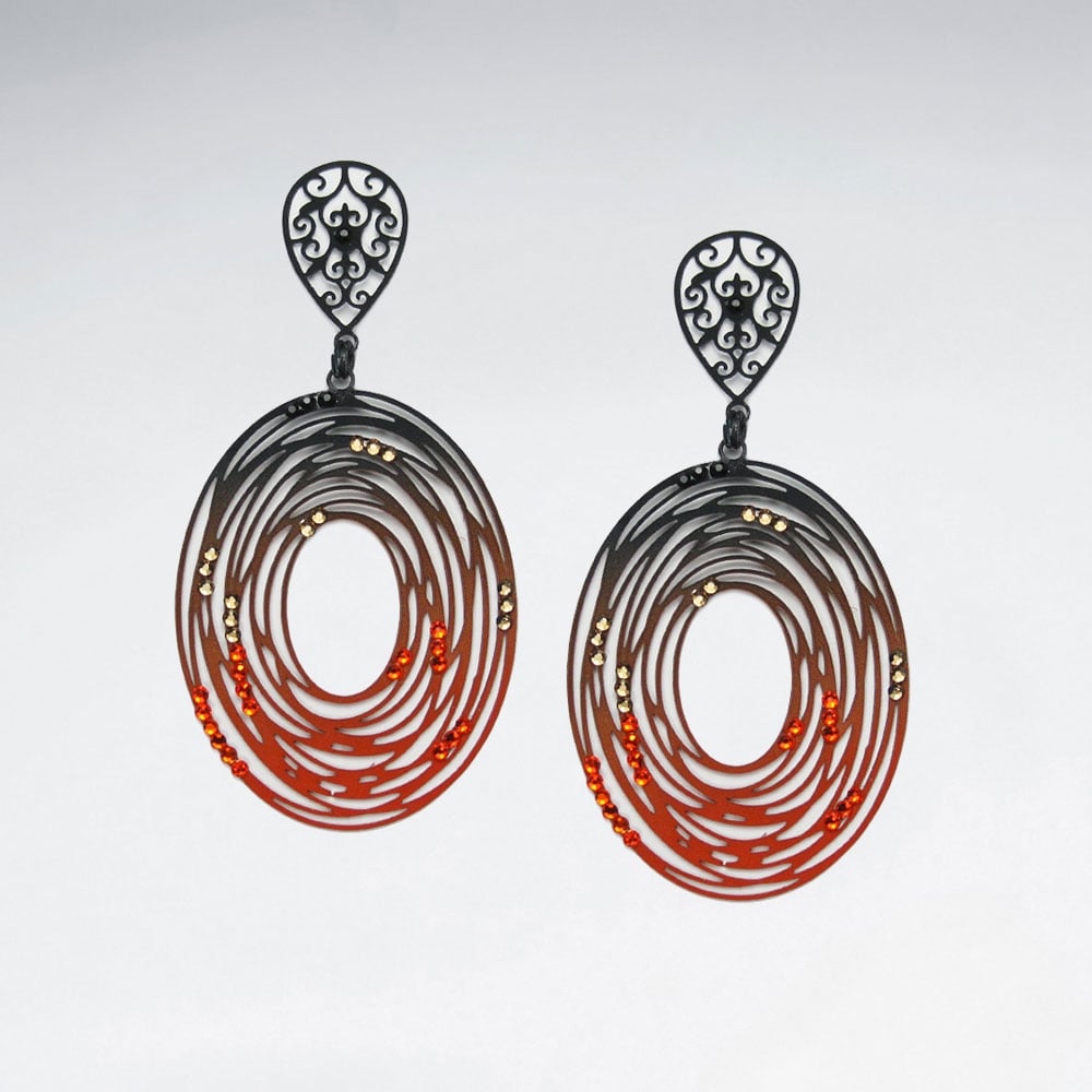 Brass Crystal Stone Abstract Spiral Oval Openwork Dangle Earrings