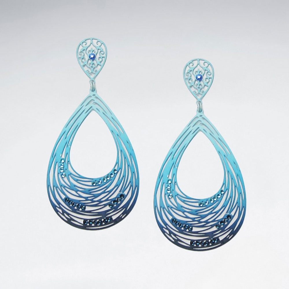 Brass Crystal Stone Abstract Spiral Teardrop Openwork Dangle Earrings