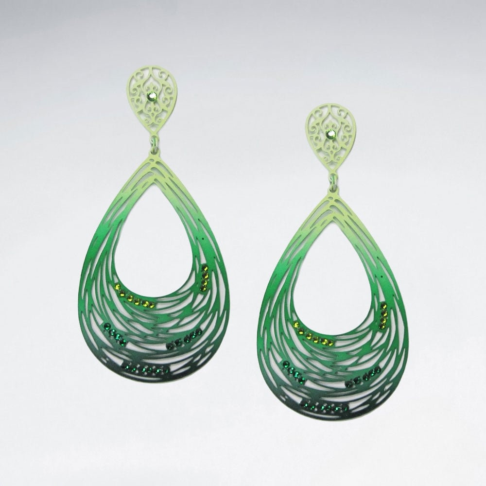 Brass Crystal Stone Abstract Spiral Teardrop Openwork Dangle Earrings