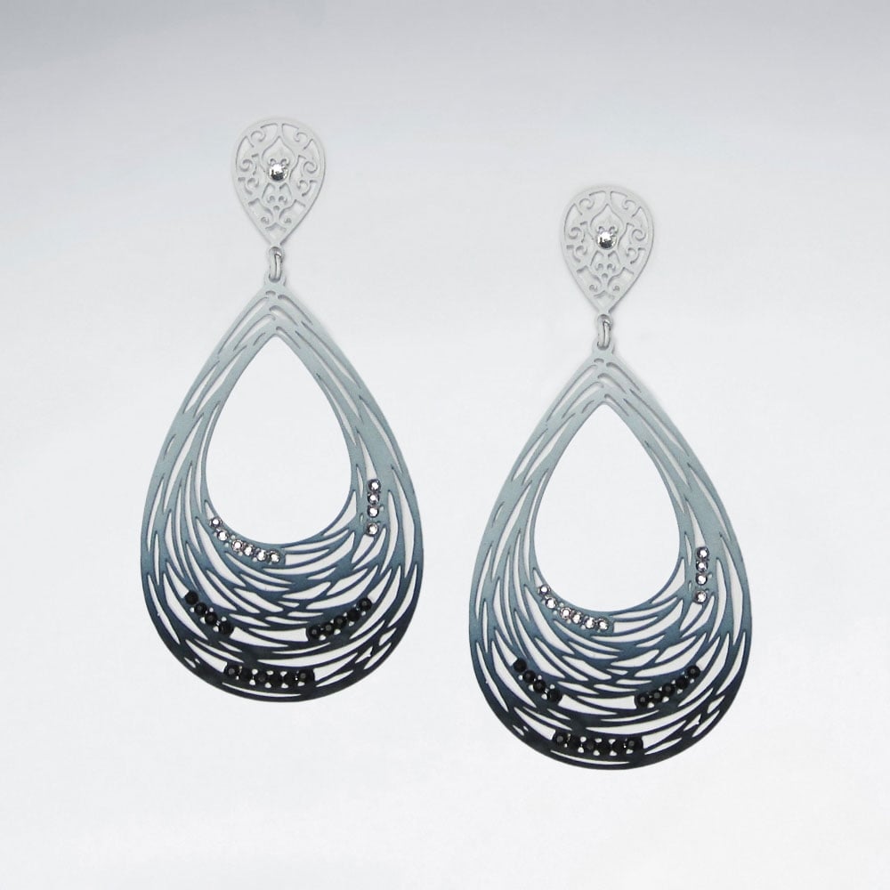 Brass Crystal Stone Abstract Spiral Teardrop Openwork Dangle Earrings