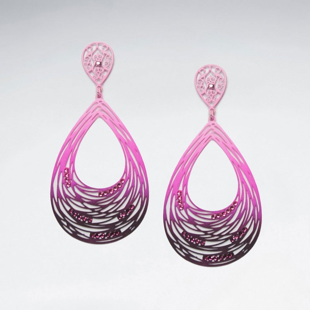 Brass Crystal Stone Abstract Spiral Teardrop Openwork Dangle Earrings