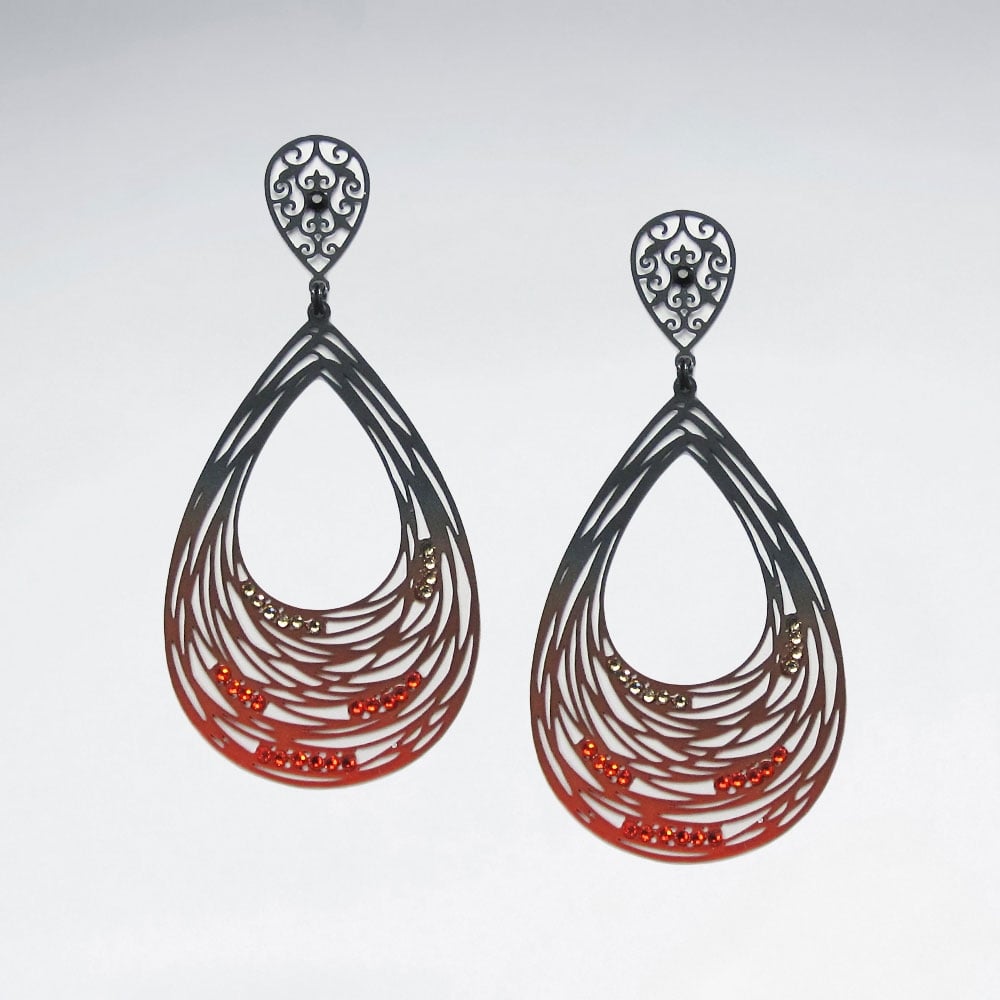 Brass Crystal Stone Abstract Spiral Teardrop Openwork Dangle Earrings