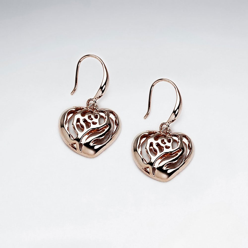 Brass Rose Heart Hook Earrings
