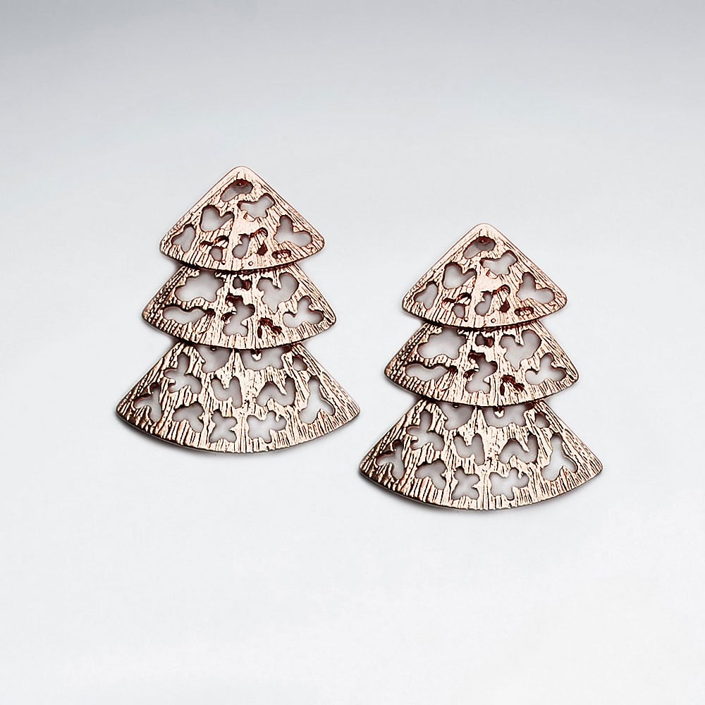 Brass Gradual Triple Fane Shape Filigree Earrings