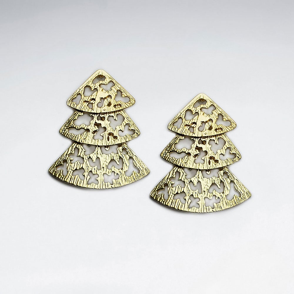 Brass Gradual Triple Fane Shape Filigree Earrings