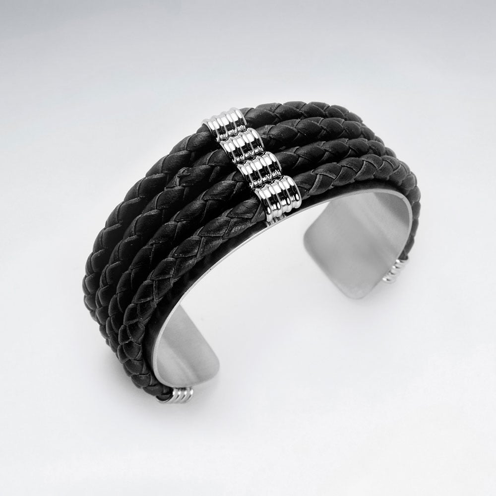 Stainless Steel Four Layer Split Leather Corded Bangle Bracelet