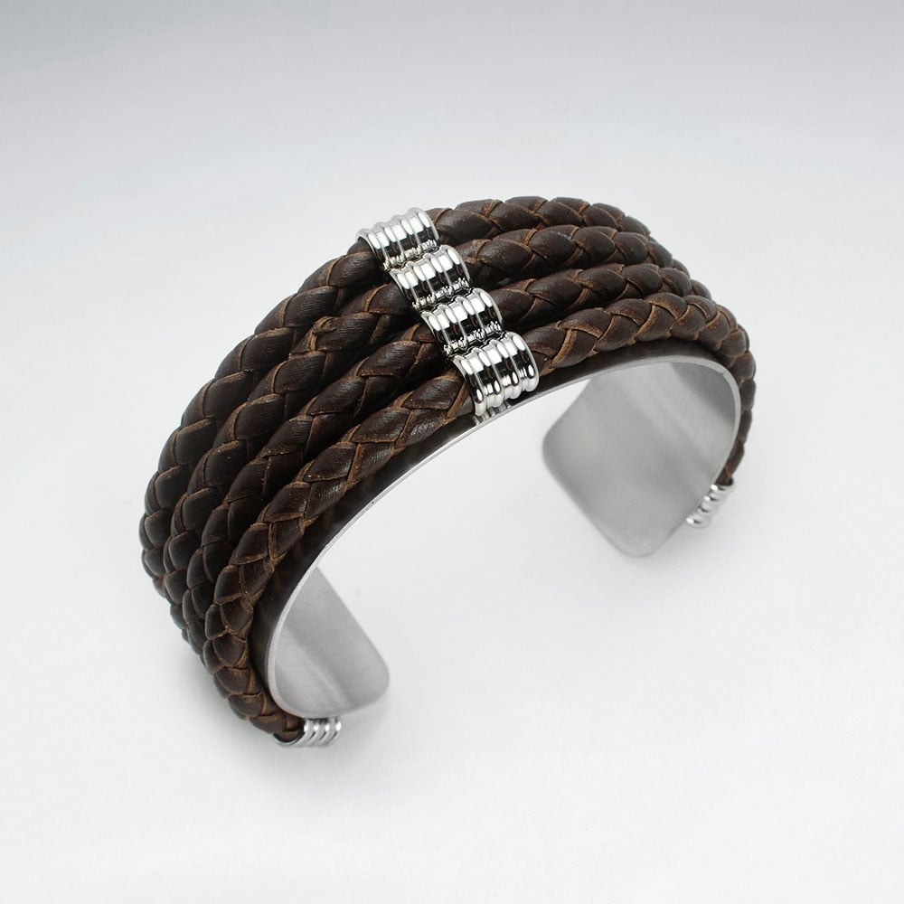 Stainless Steel Four Layer Split Leather Corded Bangle Bracelet