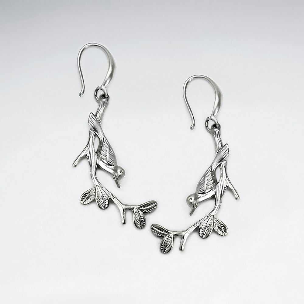 Brass Tree Branch Bird Earrings
