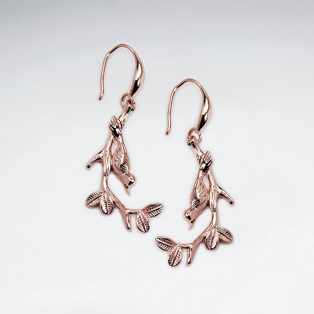 Brass Tree Branch Bird Earrings