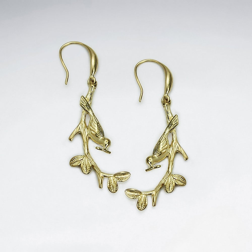 Brass Tree Branch Bird Earrings