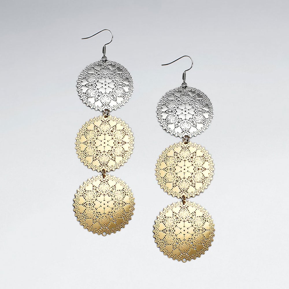 Brass Perforated Tri Tone Aztec Disc Dangle Cascade Earrings