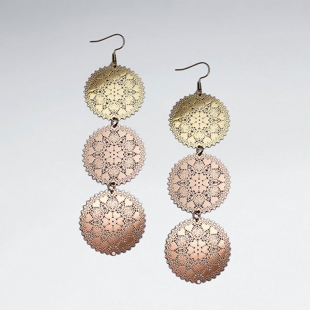 Brass Perforated Tri Tone Aztec Disc Dangle Cascade Earrings