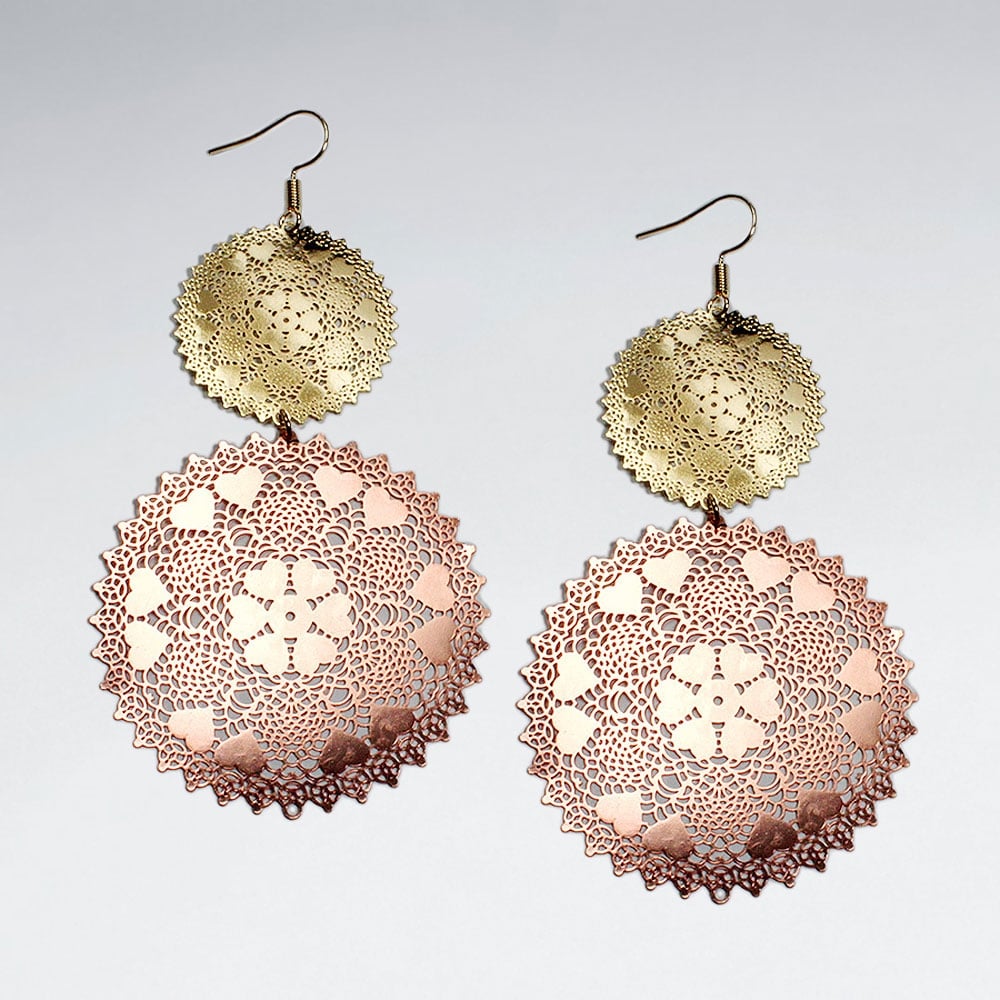 Brass Two Toned Gradual Aztec Disc Dangle Earrings