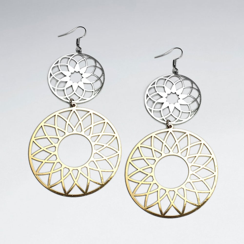 Brass Double Disc Gradual Openwork Designs Duel Tone Dangle Earrings